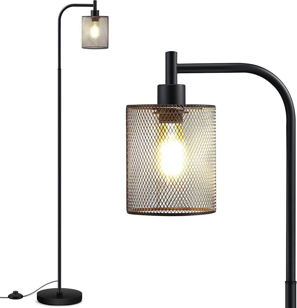 BoostArea Industrial Floor Lamp, Standing Lamp with Hanging Iron Mesh Lamp Shade, 6W LED Bulb, Whole Metal Farmhouse Floor Lamp with Foot Switch, Rustic Floor Lamps for Living Room Bedroom, Black
