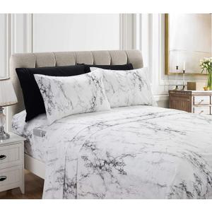 Elegant Comfort Eloise Marble Printed 6-Piece Sheet Set, 1500 Premium Hotel Quality Microfiber, Soft, Wrinkle and Fade Resistant, Fitted Sheets with Smart Pockets, Marble Sheet Set, Queen, White (Marble White)