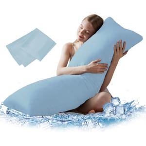 DOWNCOOL Large Body Pillow Insert with Cooling Cover - Soft Long Bed Pillow for Summer - Breathable Full Body Pillow for Adults - 20x54 inch (Blue, with Cover) (Cooling-blue)