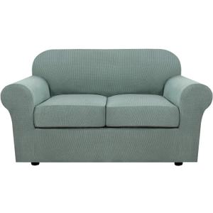 H.VERSAILTEX 3 Piece Stretch Sofa Covers for 2 Cushion Loveseat Couch Covers for Living Room Sofa Slipcovers (Base Cover Plus 2 Seat Cushion Covers) Thicker Jacquard Fabric(Medium Sofa, Sage)