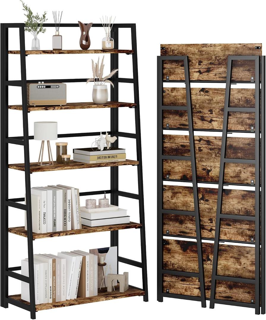 JSB 5 Tier Bookshelf, No Assembly Folding Ladder Bookshelf, 51.6in Tall Foldable Ladder Shelf, Bookcase for Home Office, Living Room,Space-Saving (Rustic & Brown, 5 Tier)
