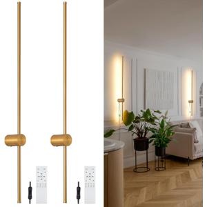Dimmable Plug in Wall Sconce Set of 2, Gold 39.37" LED Wall Light with Remote, Adjustable Color Temperature Brightness Wall lamp with Timer for Living Room,Bedroom and Accent Lighting