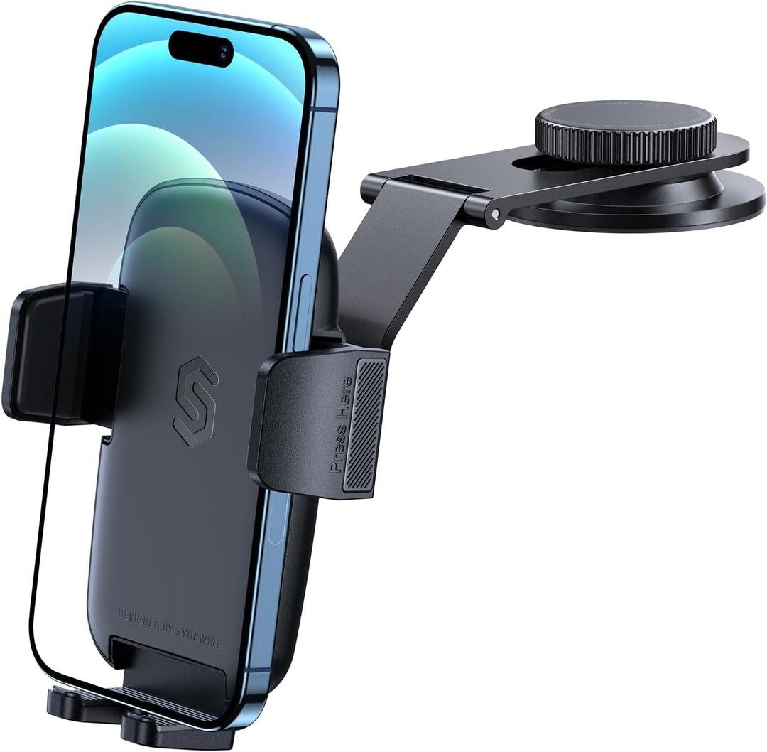 SYNCWIRE Car Phone Holder for Universal Dashboard [Super Stable] Car Phone Mount Foldable Aluminum Alloy Arm for iPhone 16 15 14 13 12 Series & All Phones