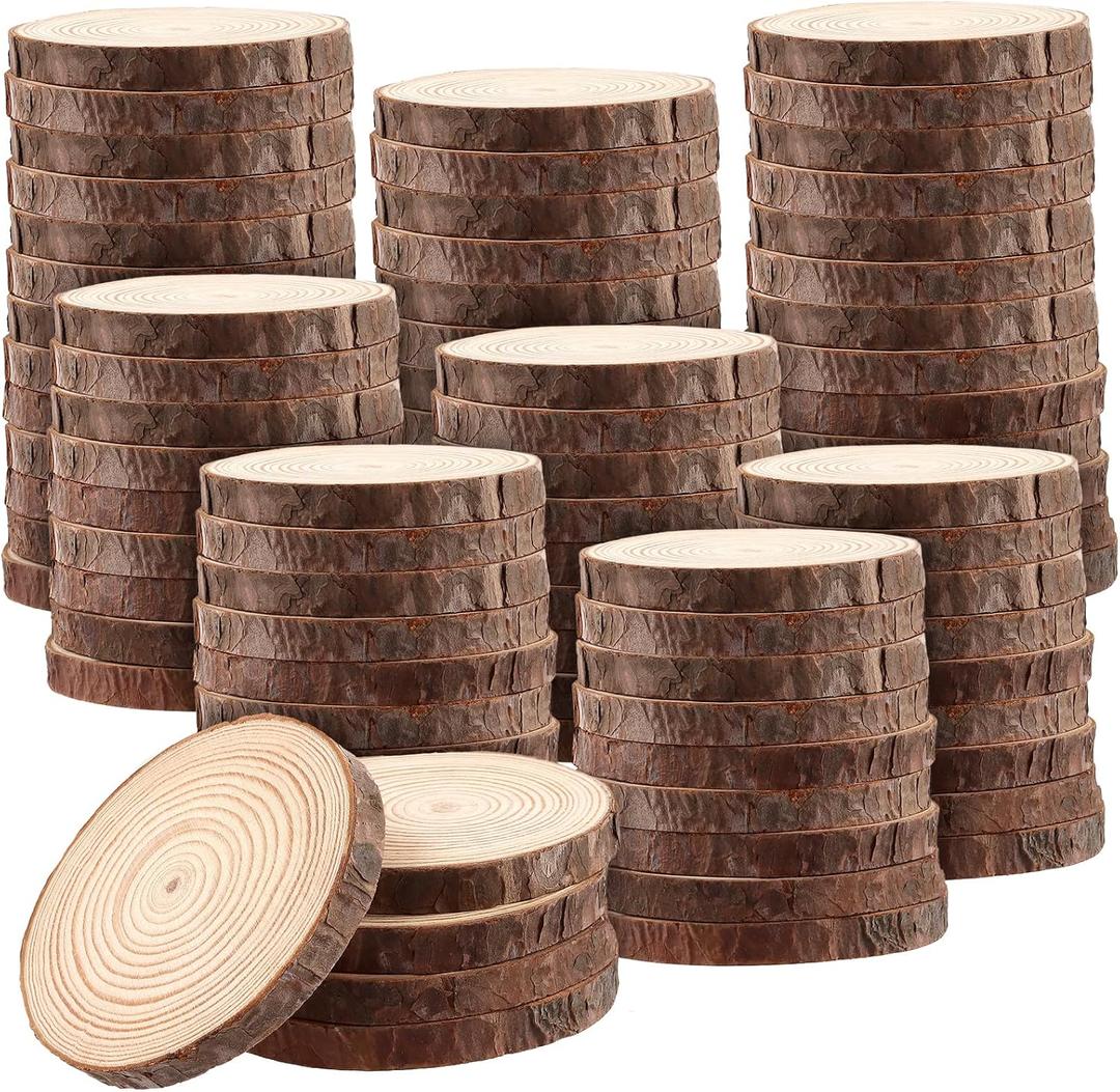 SOUJAP 100Pcs 3.5-4 Inch Natural Wood Slices, Unfinished Wooden Slices with Tree Bark, Wood Log Discs Circles for DIY Crafts, Centerpieces