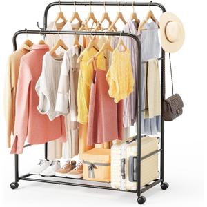 TigerParty Double Rods Clothes Rack for Hanging Clothes, Rolling Clothing Rack with Wheels, 6 Side Bars Freestanding Garment Racks for Bedroom Laundry Living Room