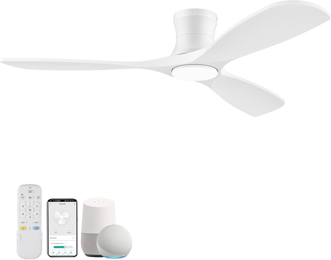 52" Smart Wood Flush Mount Ceiling Fan with Lights Remote,Low Profile,White, Control
