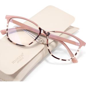 Madison Avenue Square Vintage TR90 Blue Light Blocking Reading Glasses for Women with Case, Anti Glare/ Eyestrain Computer Readers Pink Demi +1.5