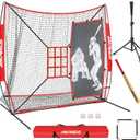 7'X7' Softball Practice Net - Pitching & Batting Net with Baseball Tee, Batter Dummy, Strike Zone & Bow Frame