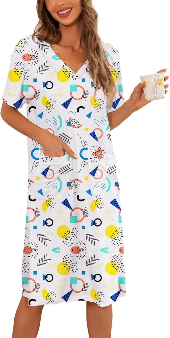 YYA Loose Nightgowns for Women Short Sleeve Sleepwear V Neck Nightshirt with Pockets Soft Pajama Dress S-3XL (XL)