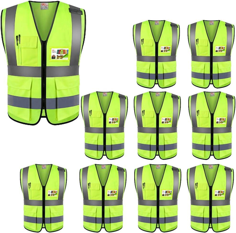 zojo High Visibility Safety Vests With Pockets, Wholesale Reflective Vest for Outdoor Works, Cycling, Jogging, Walking, Sports - Fits for Men and Women (Pack of 10, XL Neon Yellow)