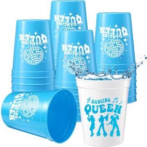 Yungyan 16 Pcs Dancing Queen Bachelorette Party Cups 16 Oz Reusable Blue White Disco Ball Bachelorette Plastic Cups for Bride Bridesmaids Bridal Shower Engagement Party Supplies Decorations