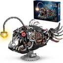 Mechanical Angler Fish Building Set with Light, Creative Ocean Lantern Fish Animal Toy for Home Office Decor, Compatible with Lego Shark, STEM Gift for Adults Teens Boys 8-14+ (1038 PCS) (Black)