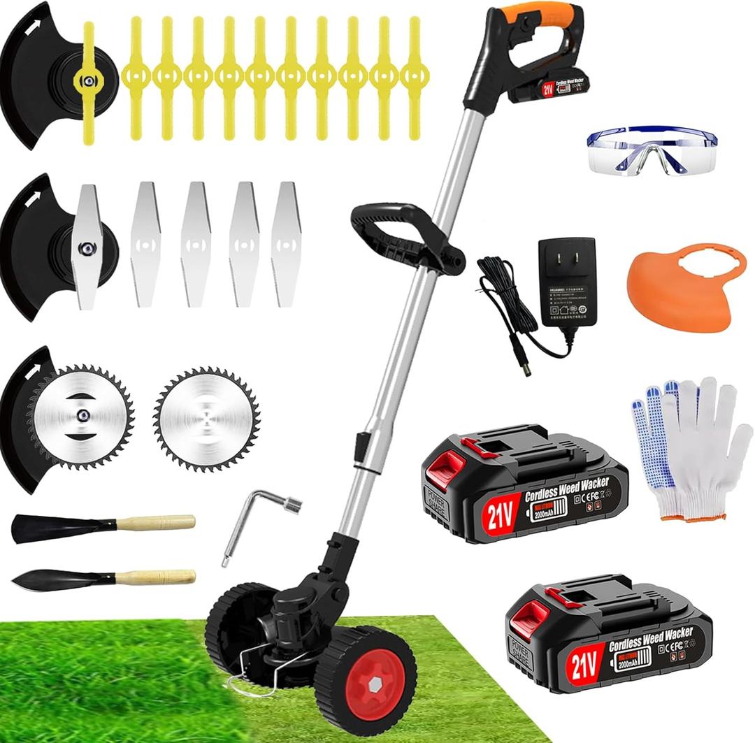 Cordless Weed Wacker, No-String Electric Grass Trimmer 21V Battery Powered Weed Trimmer, 3 in 1 Stringless Lightweight Brush Cutter/Edger/Mower with 3 Types Blade & Wheels for Garden and Yard Lawn