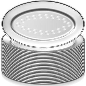 Suclain 24 Pcs Stainless Steel Oval Platter 13.8 Inch by 8.5 Inch Large Serving Platter Silver Serving Tray Heavy Duty Mirror Polish Sizzling Plate with Swirl Pattern for Fish Dessert Meat Sushi