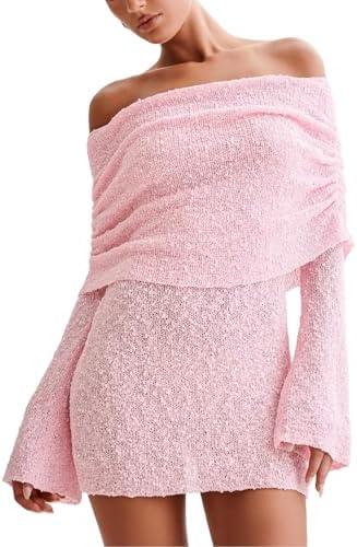 IYICLOTH Women's Beach Cover Ups Dress Off Shoulder Bell Sleeve Sexy Summer Vacation Swimwear Bodycon Cover-ups, L