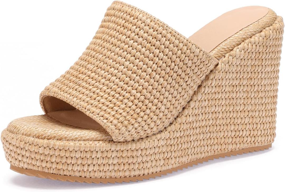 VICKIVICKI Women's Platform Sandals Wedge Ankle Strap Open Toe Sandals (6.5, Natural Raffia Upgrade)