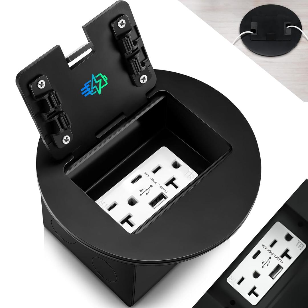 Kanayu 1 Pcs Recessed Floor Outlet with Quick Charge 4.8A USB A+C, 20A Duplex TR Receptacle, Adjustable Waterproof Steel Box, 3.2"x4" 1-Gang, Electrical Outlet Kit for Home Renovation, ETL Listed