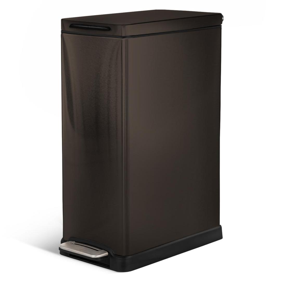 Home Zone Living 12 Gallon Slim Kitchen Trash Can with Soft Close Lid, Step Pedal, Bag Tuck Band, and Removable Liner, Stainless Steel, Black
