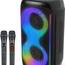 GKD40 Portable Karaoke Machine for Kids & Adults, Bluetooth Speaker with PA System, 2 Wireless Rechargeable Microphones, LED Party Speaker with 4' Woofers & LED Light for Home, Outdoor Party & Singing
