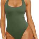 REORIA Women's Sexy Deep Scoop Neck Halter Bodysuit Double Lined Sleeveless Backless Top Vacation Outfits, Medium