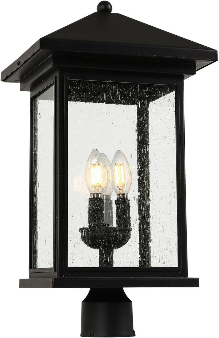 Outdoor Post Light, Waterproof Pole Lantern Lighting Fixture with Tempered Clear Seeded Glass, Matte Black Finish for Outdoors (Extra Large Post Light)