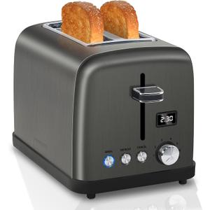 SEEDEEM Toaster 2 Slice, LCD Display, 7 Shade Settings, 1.4'' Wide Slots, Stainless Steel Digital Toaster for Bagel, Defrost, Reheat, Removable Crumb Tray, 900W, Grey