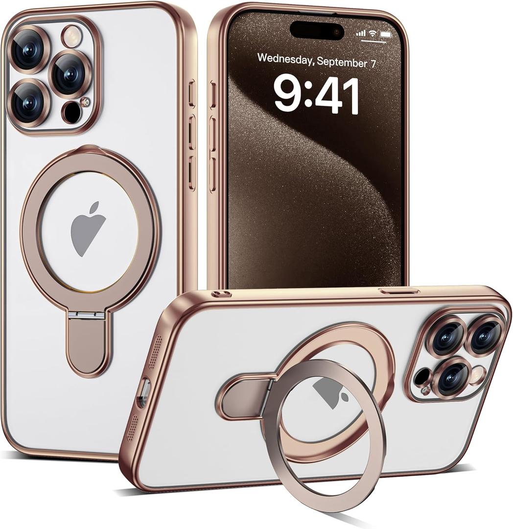 Compatible with iPhone 15 Pro Max Case with Magnetic Ring Stand [Compatible with Mag-Safe] [Full Camera Lens Protector] Soft Plating Clear Phone Case for iPhone 15 Pro Max 6.7", Desert Gold