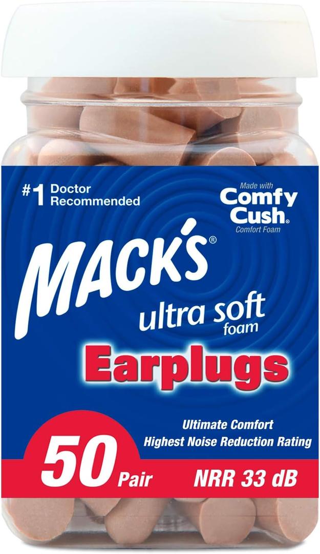 Mack's Ultra Soft Foam Earplugs, 50 Pair - 33dB Highest NRR, Comfortable Ear Plugs for Sleeping, Snoring, Travel, Concerts, Studying, Loud Noise, Work Made in USA