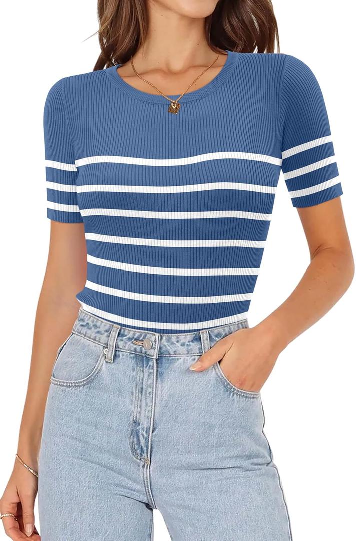 ONLYSHE Womens Short Sleeve T Shirts Summer Crewneck Tops Ribbed Knit Slim Fit Shirt Casual Basic Tees Tops (Small, D-medium Blue)