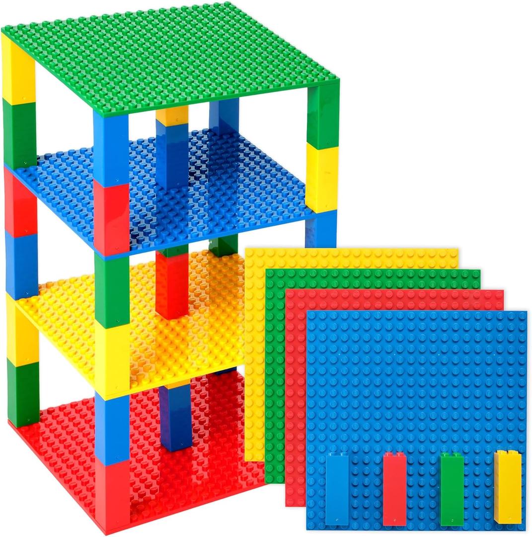 Strictly Briks Stackable Baseplates - Compatible with Lego, 6 x 6 in Baseplates for Buildling Blocks, Display Tower, Expand Vertical Builds, 4 Baseplates & 30 Stackers, Kids Gift
