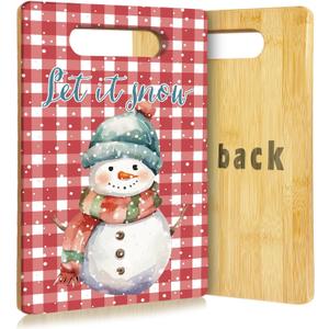 Winter Snowman Cutting Board, Christmas Gifts for Women, Snowman Kitchen Decor, Xmas Let it Snow Red and White Buffalo Plaid Decorative Bamboo Cutting Chopping Boards for Kitchen (11.2"L x 7.6"W)