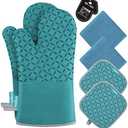 KEGOUU Oven Mitts and Pot Holders 6pcs Set, Kitchen Oven Glove High Heat Resistant 500 Degree Extra Long Oven Mitts and Potholder with Non-Slip Silicone Surface for Cooking (Lake Blue)
