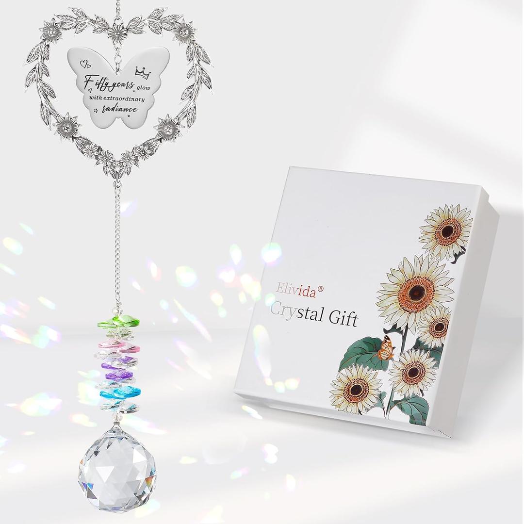 50th Birthday Gifts for Her Him, Happy 50th Birthday Suncatcher for Women Men, Thoughtful 50 Bday Crystal Ornament for Mom, Dad, Grandparents, Sister, Turning 50 Year Old Rainbow Marker