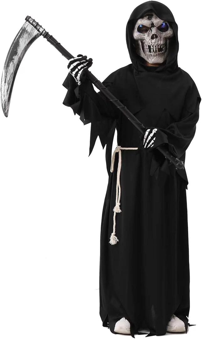 Boys Grim Reaper Halloween Costumes Kids Ghost Robe w/Glowing Red Eyes Mask and Sickle (4-6X, Black)