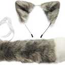 Handmade Fox Wolf Ears Headband and Faux Fur Tail for Halloween Party Costume Accessories (Gray)