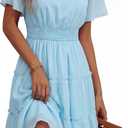 Womens Spring Summer 2026 Casual Knee Length A Line Short Sleeve V Neck Elastic Waist Cute Boho Beach Dresses Large