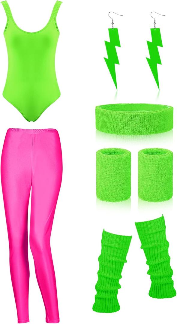SATINIOR Women 80s 90s Workout Costume Outfit Accessories Set Leg Warmers Headband Wristbands Earrings Swimwear Suit (Small, Bright Green, Rose Red)