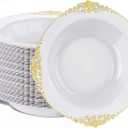 Nervure 50 Pack White Plastic Bowls with Gold Rim - 12oz Disposable Soup Bowls - Heavy Duty Dessert Bowl, Salad Bowl Perfect for Weddings, Parties, Thanksgiving and Everyday Use (8.2inch)