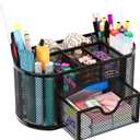 EasyPAG Mesh Desk Organizer, Multi-functional Stationery Organizer for School Supplies, Office Pen Holder for Desk, 9 Compartments Dorm Organization with Drawer, Black