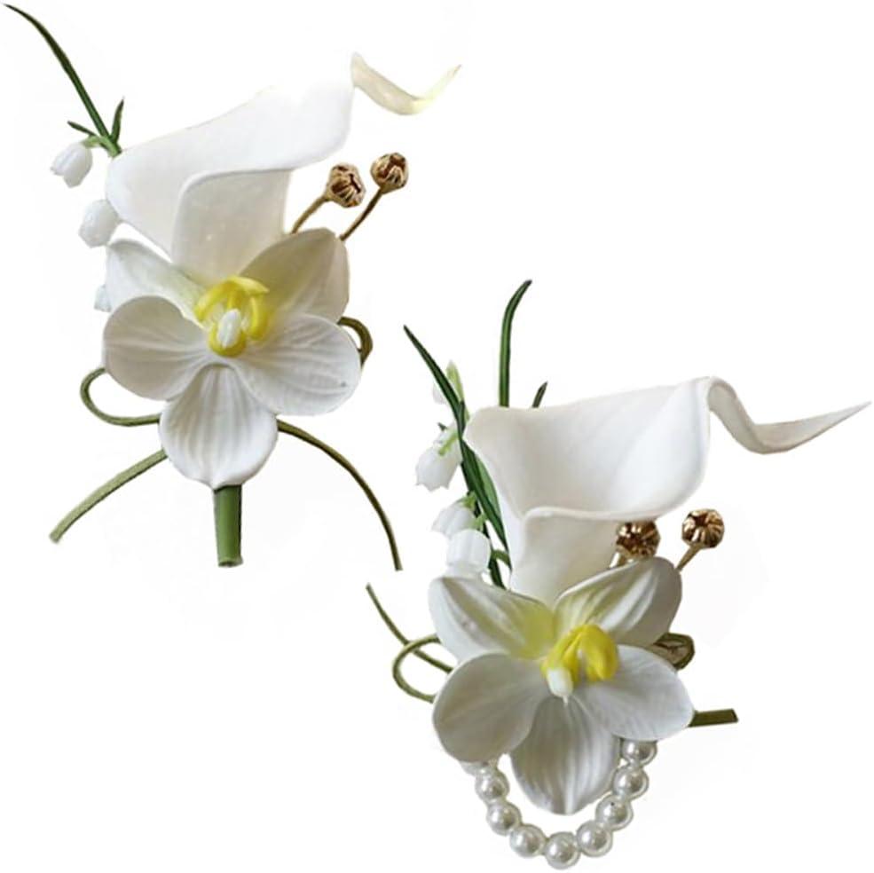 MAFELOE 2 Pieces Corsage and Boutonniere Set, Artificial Calla Lily& Orchid Flowers Accessories Decorations for Wedding Prom Party Celebration Suit- White (W4-X2-LL)