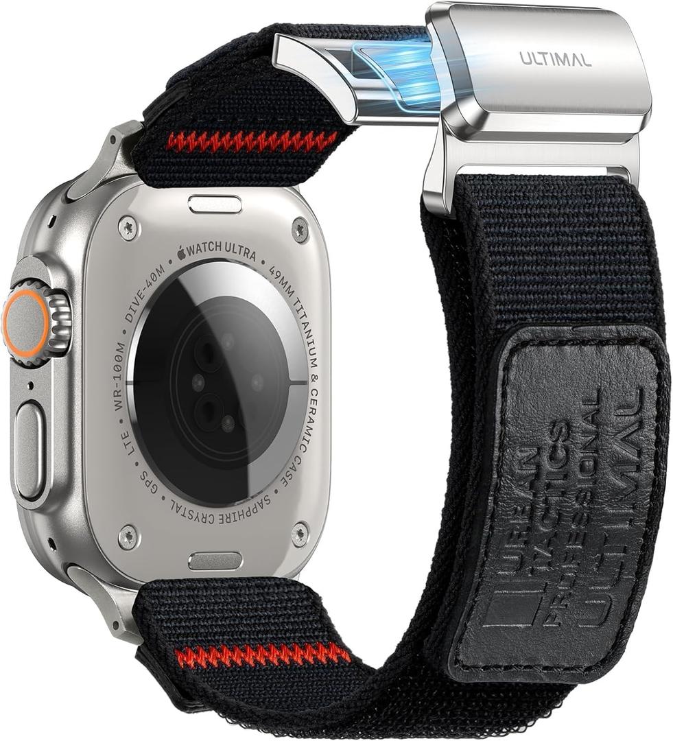 ULTIMAL Compatible with Apple Watch Ultra 3/2/1 Bands 49mm with Titanium Magnetic Clasp - Braided Stretchy Soft Nylon, Featuring Premium Full-grain (L, Black) (44/45/46/49mm L)