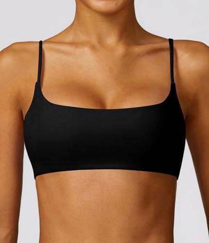 Comper Women's Sports Bra with Thin Straps Stretchy Wirefree Workout Bras Lightweight Workouts Bralette with Removable Pads, Black, Small