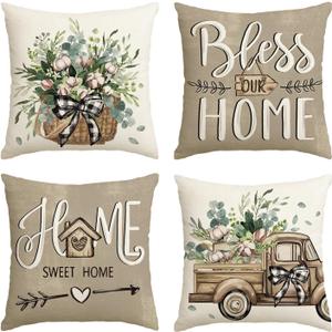 AVOIN colorlife Bless Our Home Farmhouse Eucalyptus Leaves Throw Pillow Covers, 18 x 18 Inch Truck Home Sweet Home Cushion Case Decorations Set of 4 (Brown)