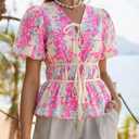 Cicy Bell Summer Babydoll Peplum Tops V Neck Puff Sleeve Bow Floral Shirts (L)