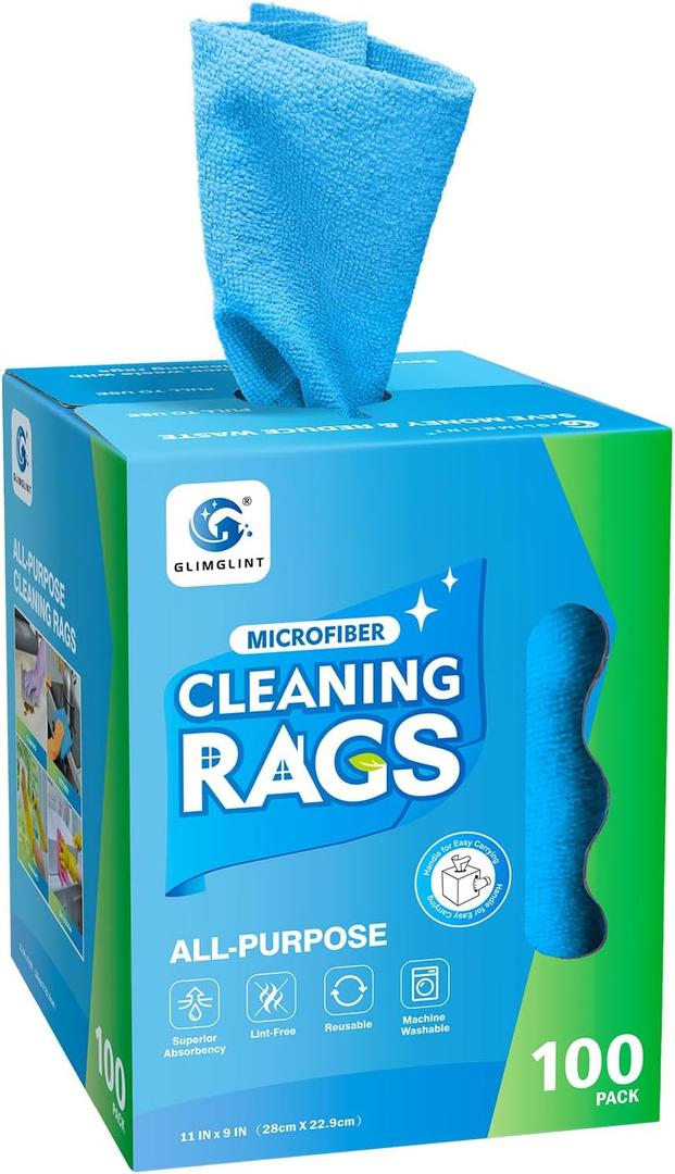 GLIMGLINT Microfiber Cleaning Cloth, 100 Pack Cleaning Rags, Lint-Free, Ultra Absorbent Reusable Paper Towels for Home, Kitchen, Car, Garage or Shop, Dish Rags, 11" x 9", Blue