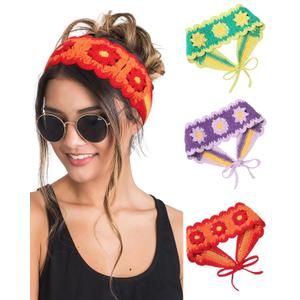HAIMEIKANG Hippie Hair Bandanas Headbands for Women Boho Headband Knit Hair Bands Floral Head Wrap for Girls(red+green+purple)