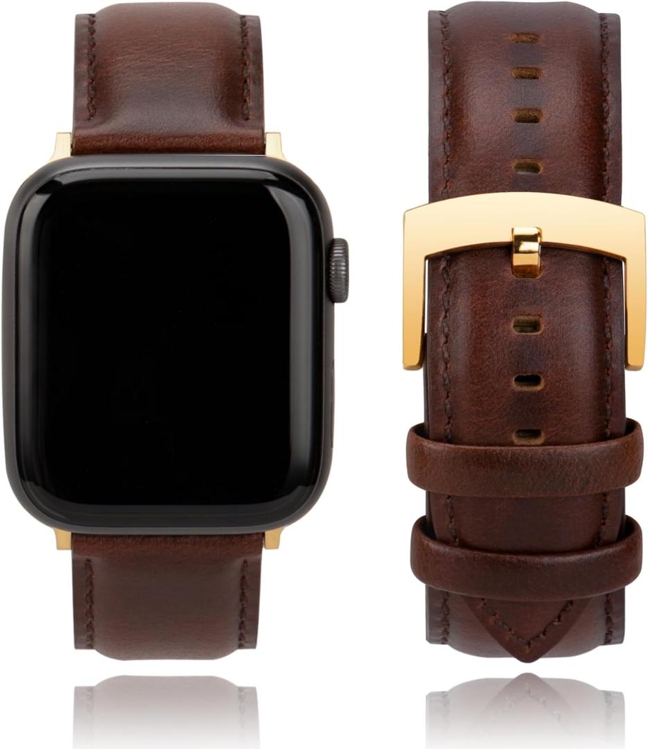 Leather Watch Bands Compatible with Apple Watch 49mm/46mm/45mm/44mm/42mm, Elegant Top Grain Leather Replacement Straps for iWatch Series 3/2/1 (Coffee Brown Leather (Gold Hardware))