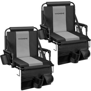 VIVOHOME Stadium Seats with Back Support and Cushion, 2 Pack Portable Bleacher Chairs with Cup Holder, Storage Bags and Shoulder Strap, Comfortable for Various Sports Events (Black and Gray)
