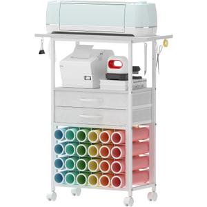 Organizer and Storage Stand Compatible with Cricut Machines,Rolling Storage Cart/Shelf with 24 Vinyl Roll Holders2 Fabric Drawer,Accessories Holder,Tool Hook for Craft Room Home (white)