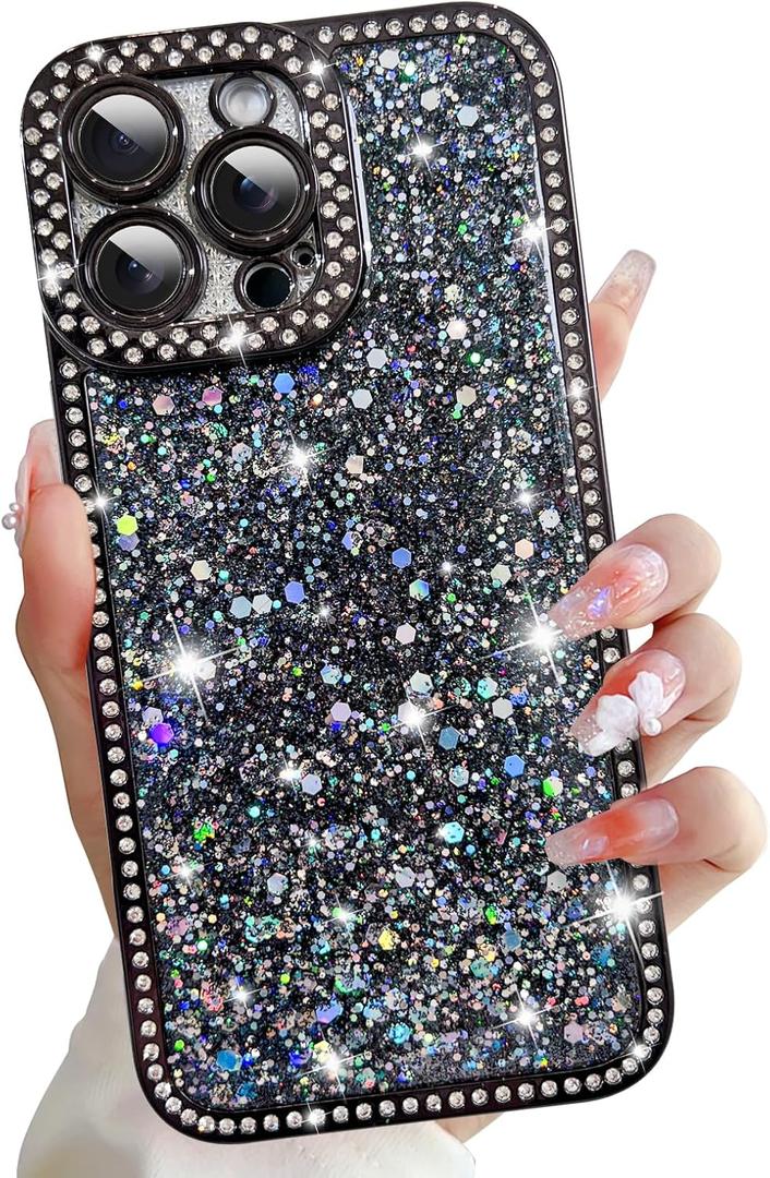 for iPhone 16 Pro Max Case, Glitter Crystal Diamond Sequin Design, Shiny Bling Luxury Phone Case for Women Girls, Aesthetic Cute Full Protection, Soft TPU Slim Shockproof Phone Case, Black